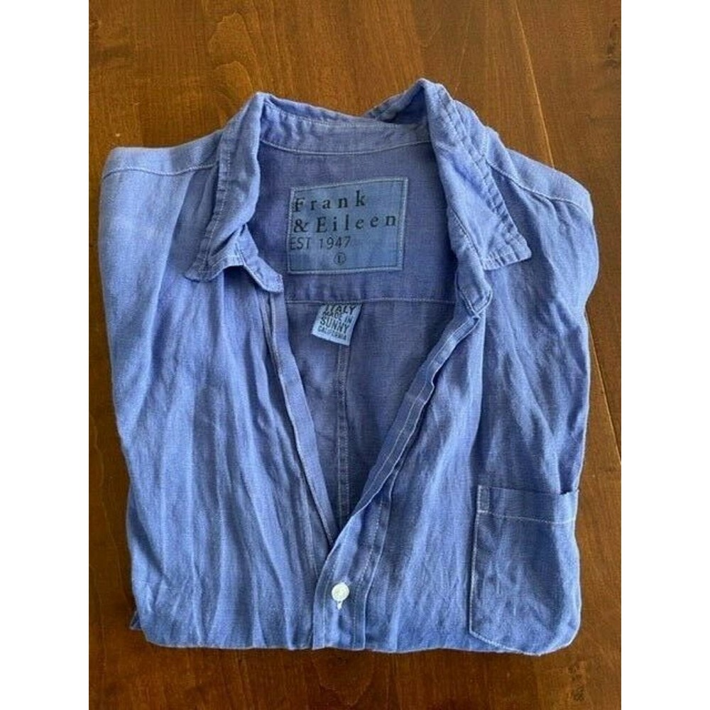 Frank & Eileen Blue Button Down Spread Collared Shirt Women's size L Large Linen